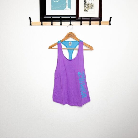Zumba NWT! Women's Galaxy Loose Racerback Tank Purple Blue Workout Top Size S - Picture 1 of 5